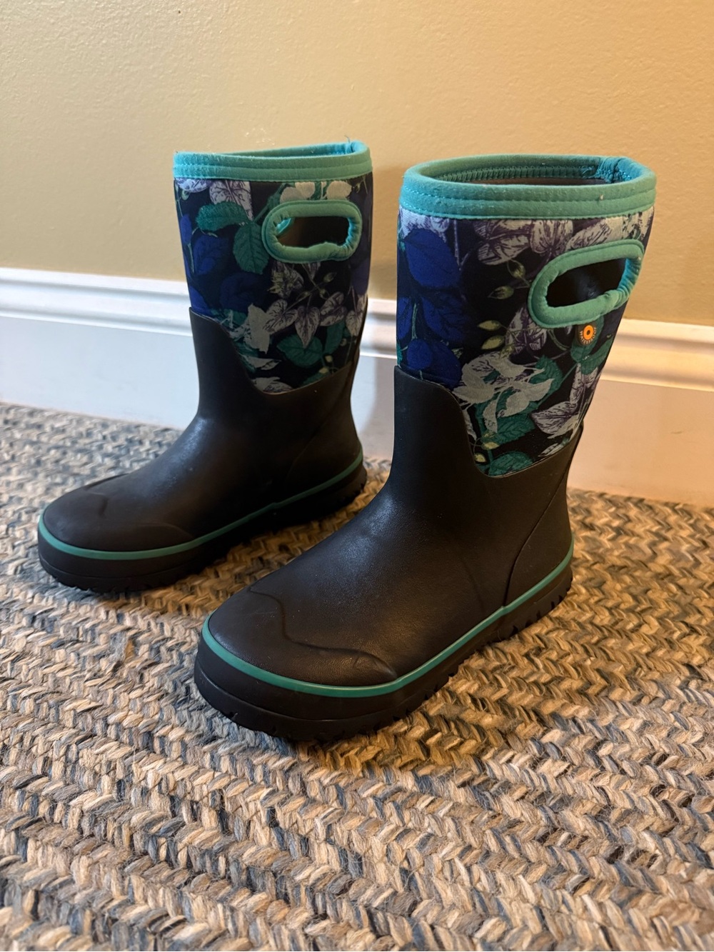 Bogs Kids Floral Rain Boots - Teal, Navy & Black